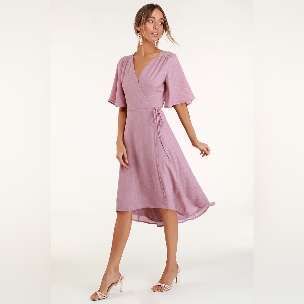 Lulus Farah Mauve Print Midi Wrap Dress size L Large